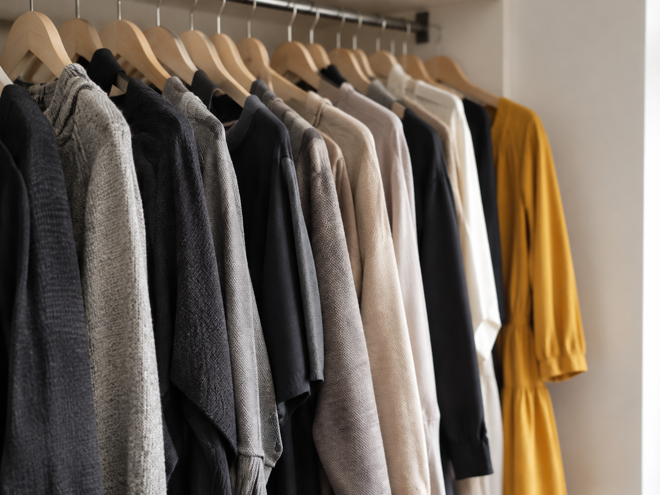 A closet rail of gray, black and beige clothes with one bright mustard dress at the end