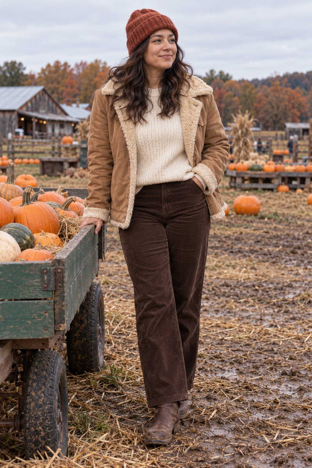 Tan shearling-style jacket with cream sweater, brown corduroy trousers, boots and a rust beanie