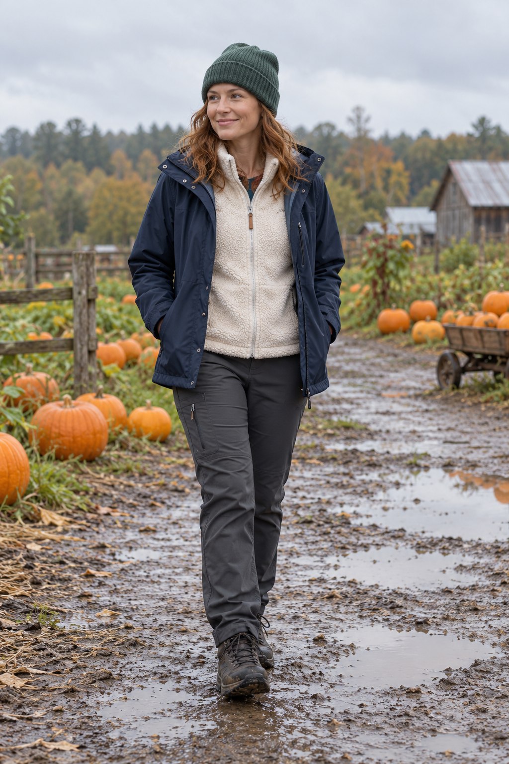 Navy rain shell over cream fleece with charcoal trousers, walking boots and a green beanie