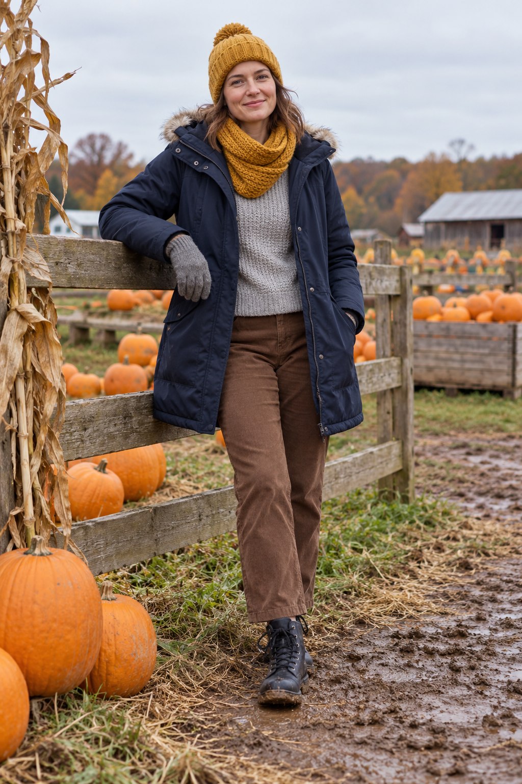 Navy parka with grey sweater, brown trousers, black boots, mustard hat and scarf, and grey gloves