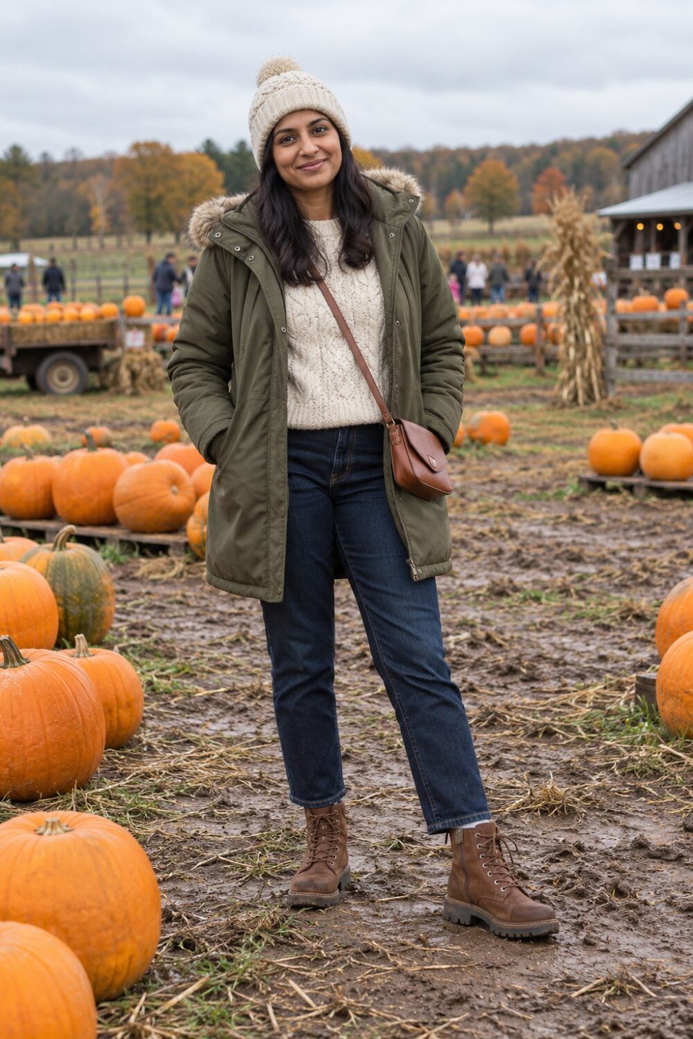 Olive parka over a cream cable sweater with dark jeans, brown boots and an oatmeal beanie