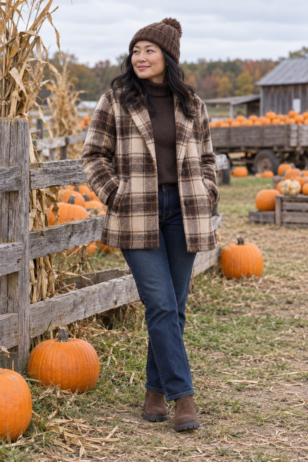 Brown plaid coat over a chocolate turtleneck with dark jeans, brown boots and a knit hat