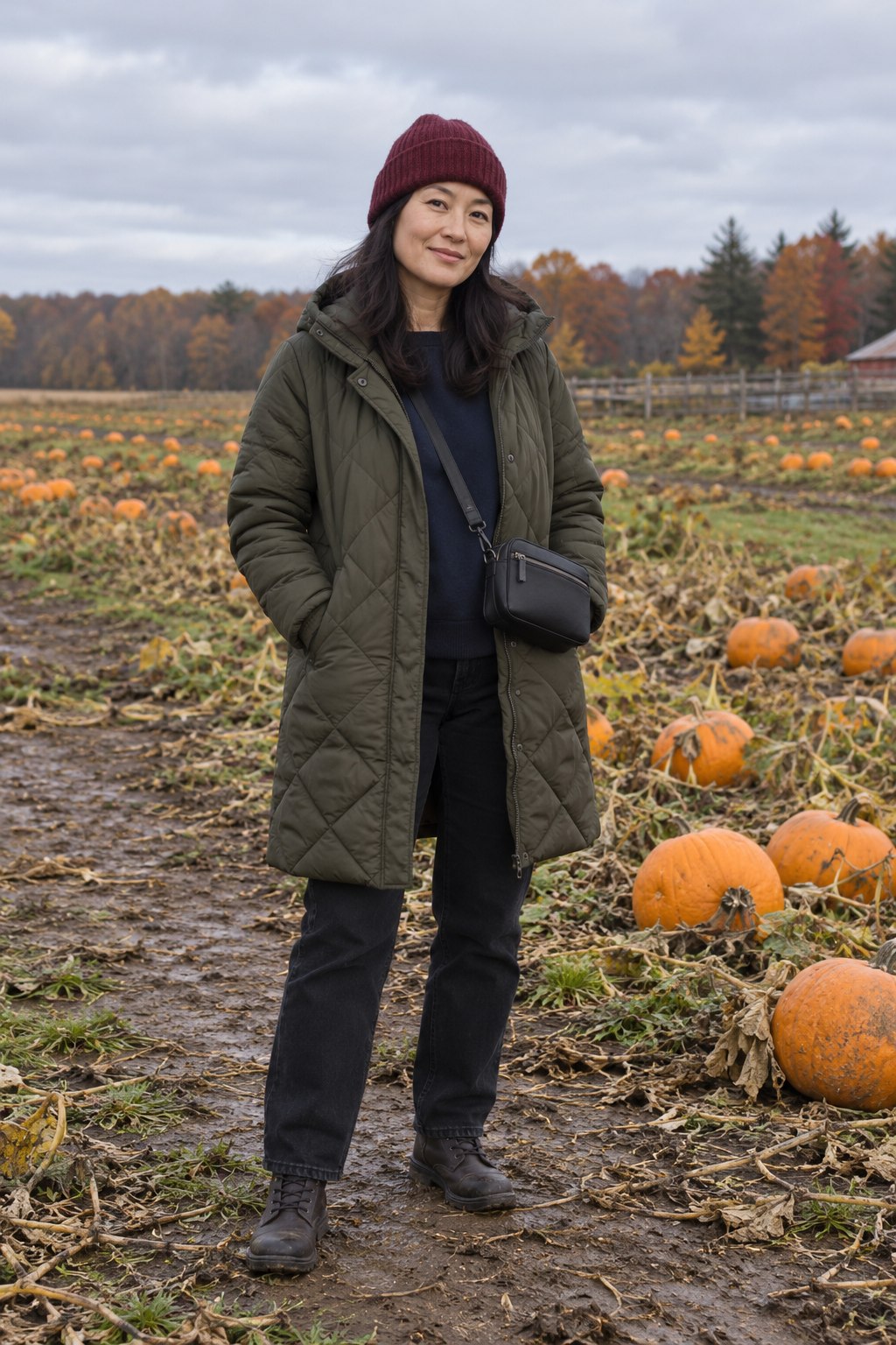 Long olive quilted coat with dark jeans, walking boots and a burgundy beanie