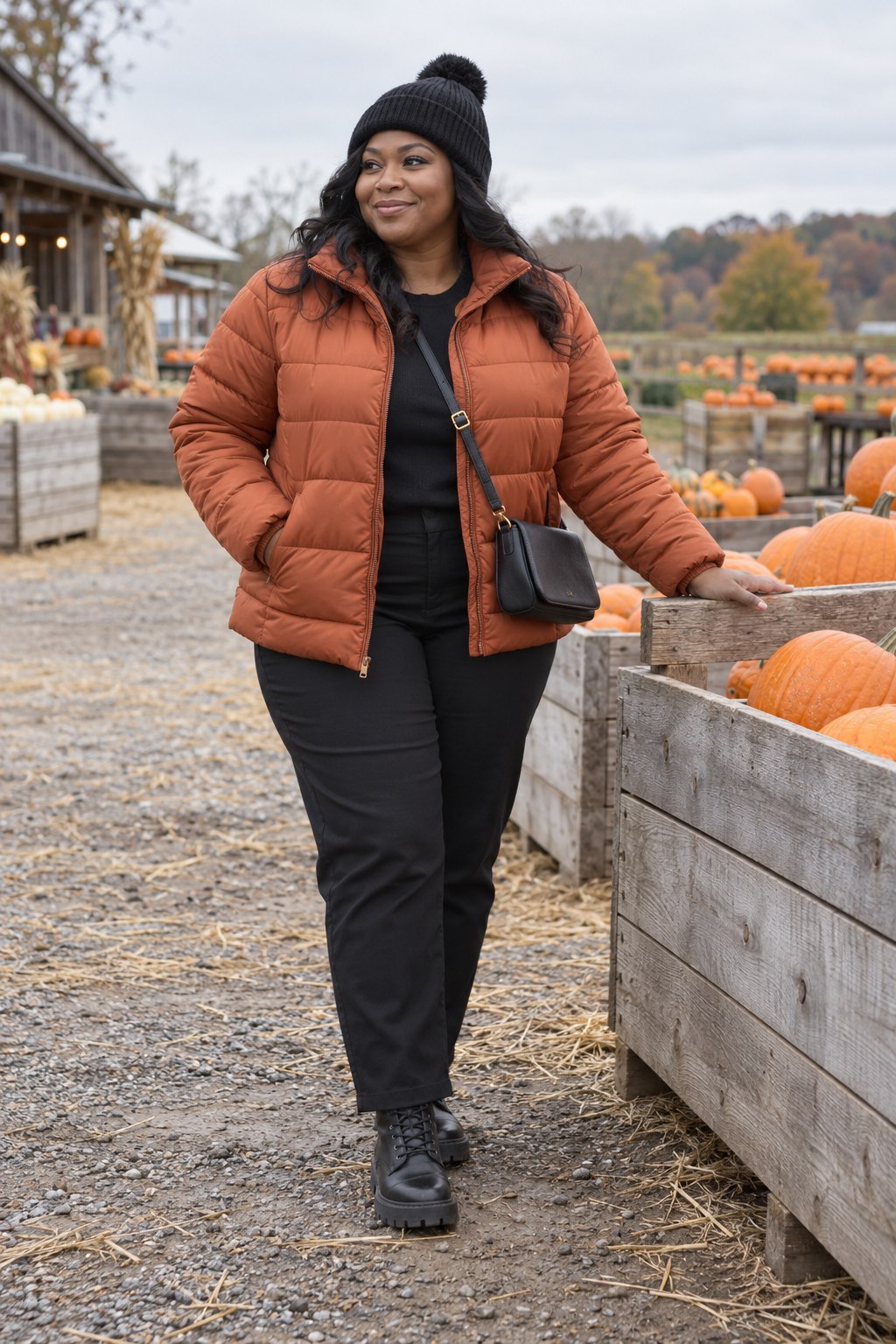 Rust puffer jacket with black trousers, lace-up boots and a black beanie at a pumpkin patch