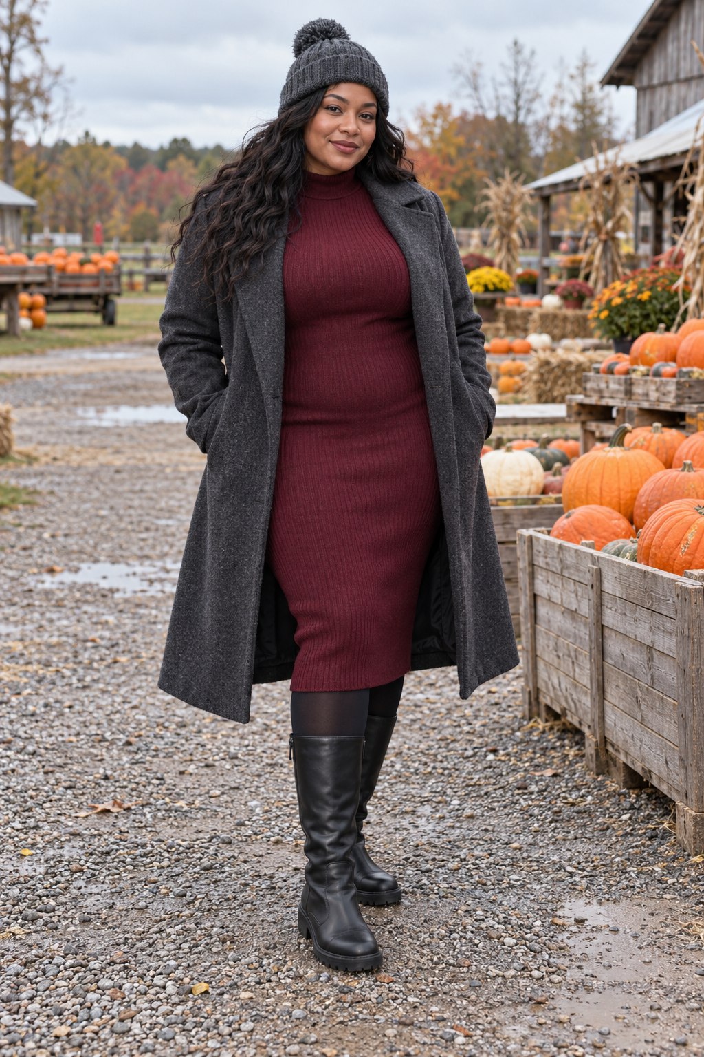 Burgundy sweater dress with charcoal coat, opaque tights, tall black boots and a knit hat