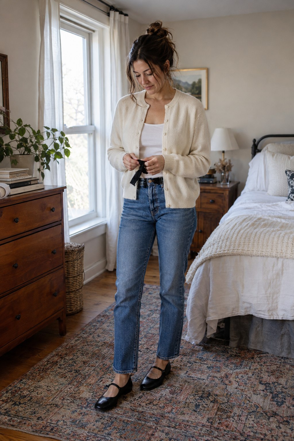 Woman in a cream cardigan and straight jeans holding a small ribbon hair clip beside an ordinary wardrobe.