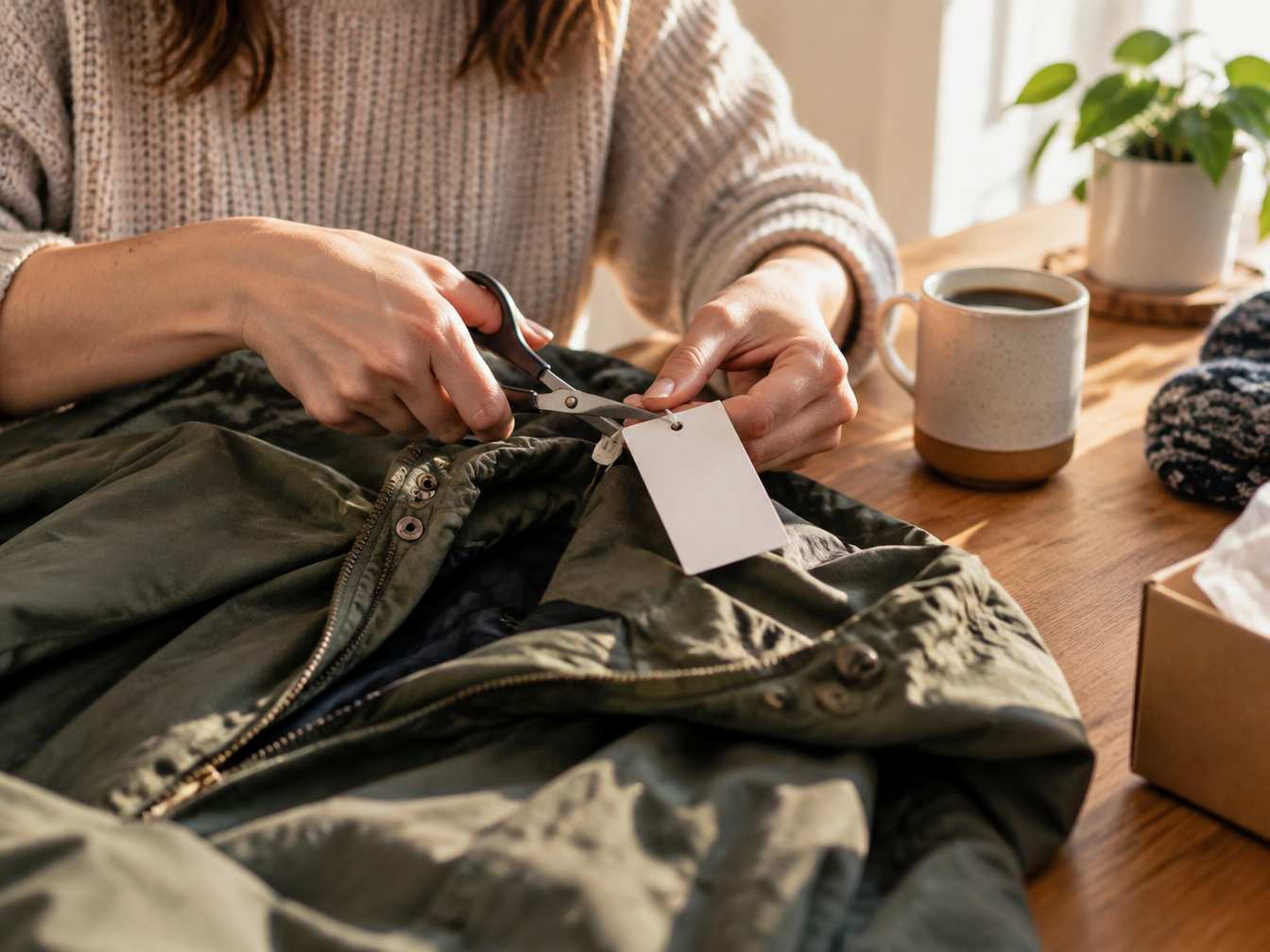 Woman's hands cutting the price tag off a new jacket with small scissors