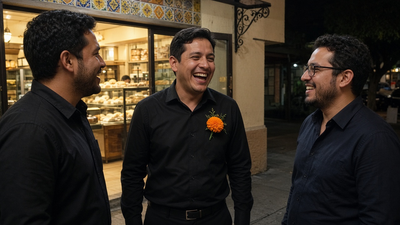 Man in a black shirt and trousers with a bright marigold boutonniere laughing with friends outside a bakery at night