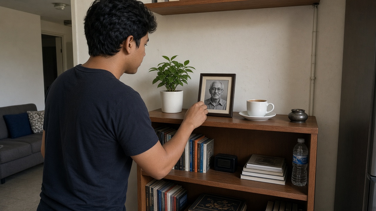 Young man placing a photo of his grandfather and a cup of coffee on a small altar on a bookshelf in a modest apartment