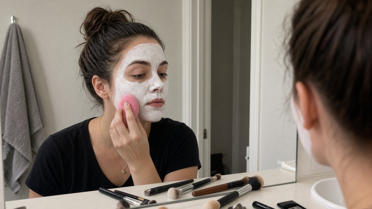 Woman applying white face paint with a makeup sponge in front of a bathroom mirror with brushes spread on the counter
