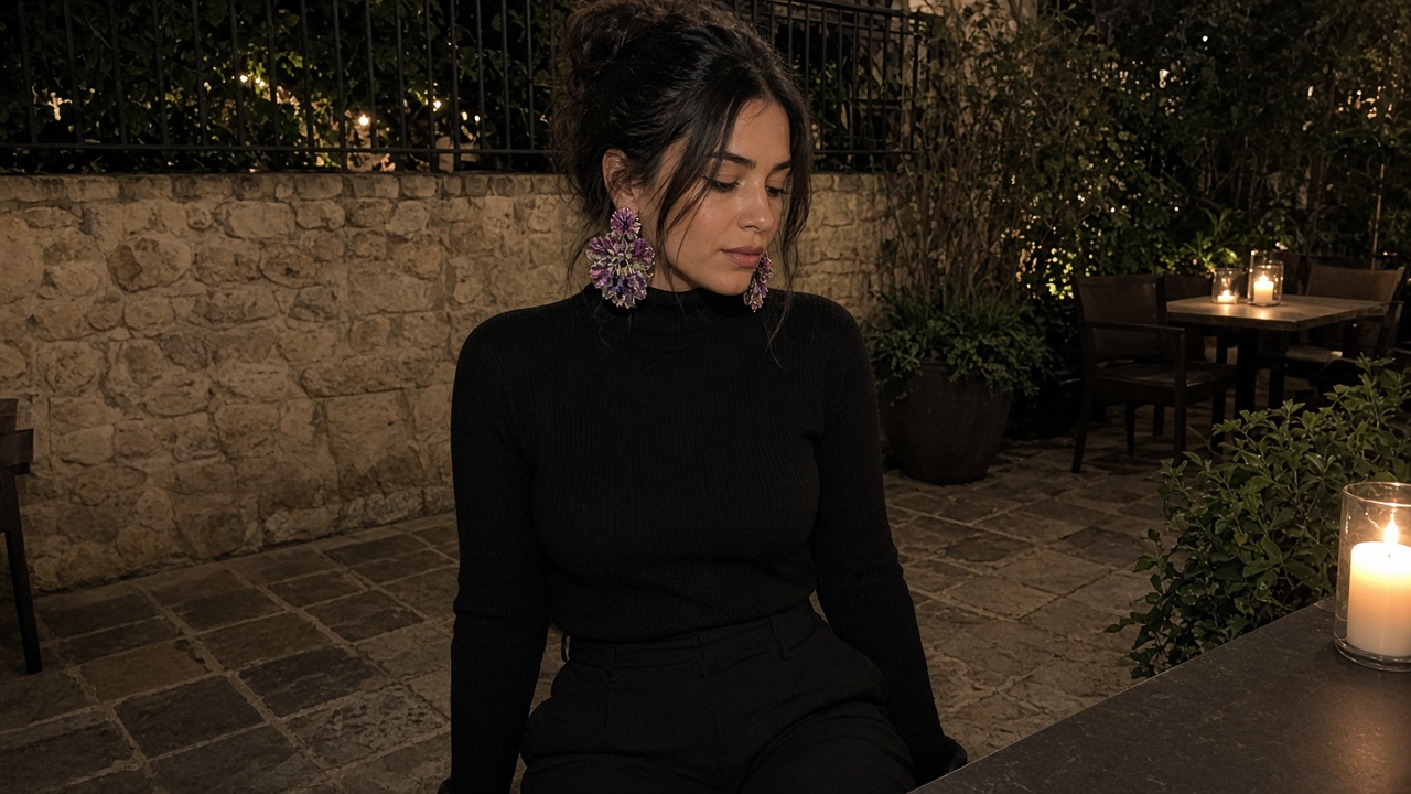 Woman in a black turtleneck and wide pants with oversized embroidered flower earrings on a candlelit patio