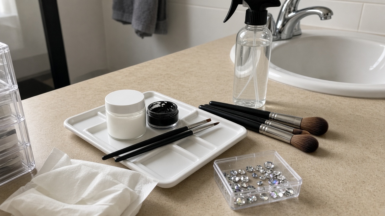Makeup kit on a bathroom counter with white face paint, black liner, brushes, setting spray, face gems and makeup remover wipes