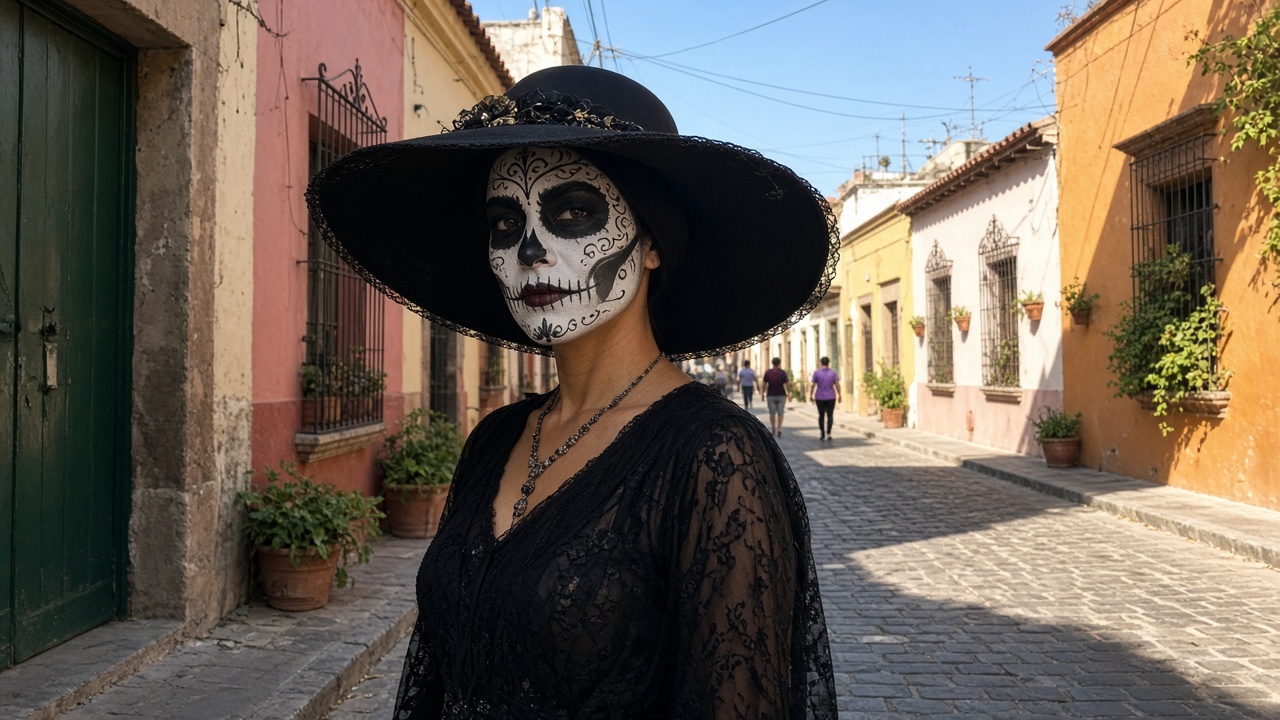 Woman in an elegant wide-brimmed hat and long dress with Catrina face paint standing on a sunlit street