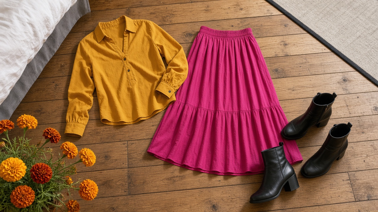 Flat lay of a magenta skirt, mustard blouse, black boots and marigold flowers on a wooden bedroom floor