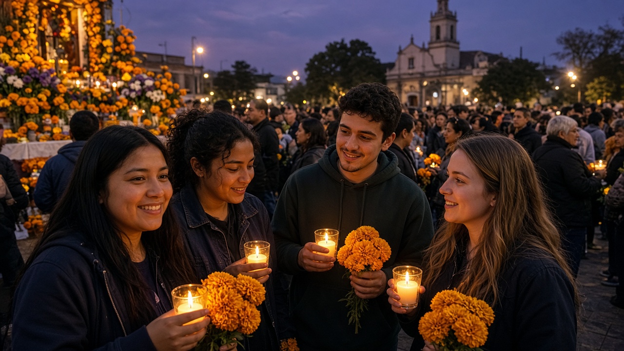 Friends of different backgrounds holding candles and marigolds at a community Day of the Dead gathering in a town plaza at dusk