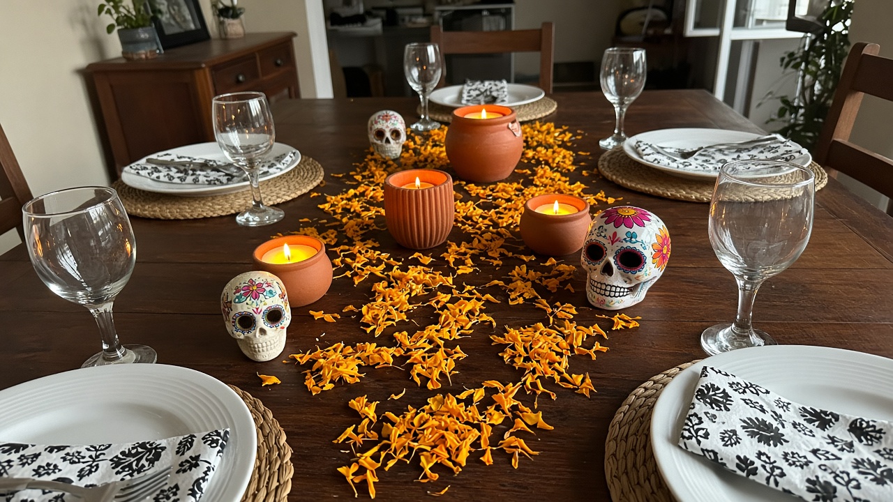Dinner table set with marigold petals scattered down the center, clay candle holders and hand-painted sugar skulls
