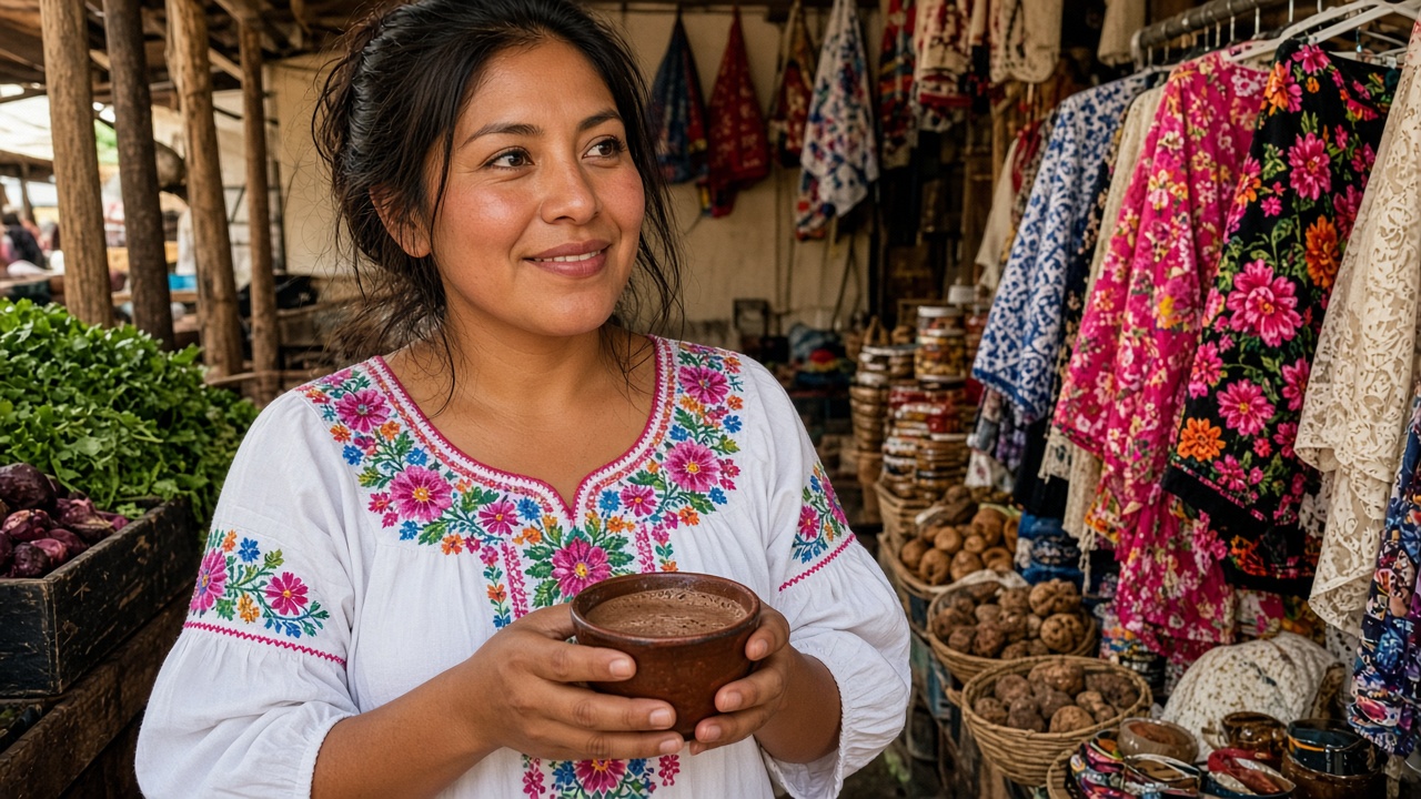 Woman in a white blouse with bright floral embroidery holding a cup of hot chocolate at a market stall