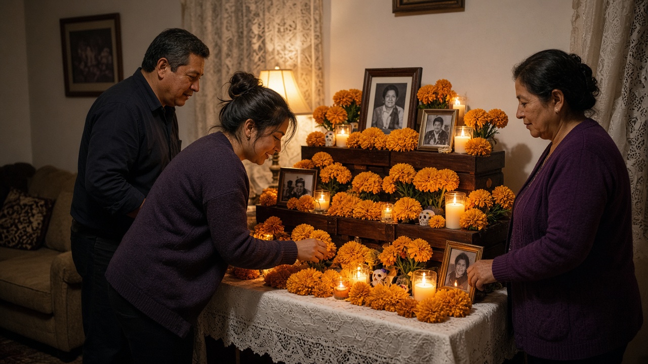 Family arranging marigolds, candles and framed photos on a home altar in a warmly lit living room