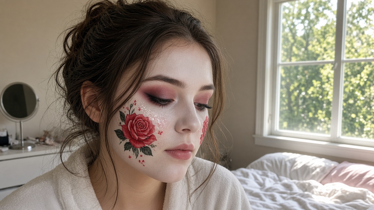 Woman with soft white base, rose-pink eye sockets, glitter and painted red roses on her cheeks getting ready by a sunny bedroom window