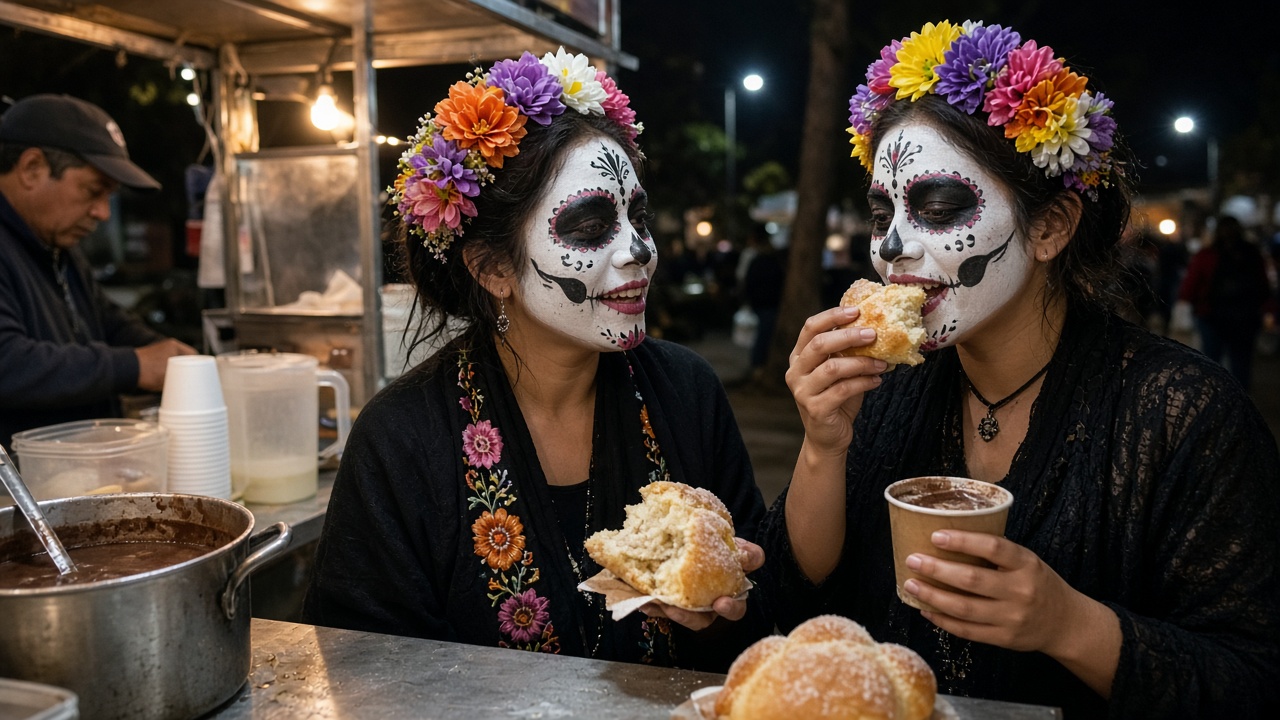 Two friends with Catrina makeup and flower crowns sharing pan de muerto and hot chocolate at a street stand at night