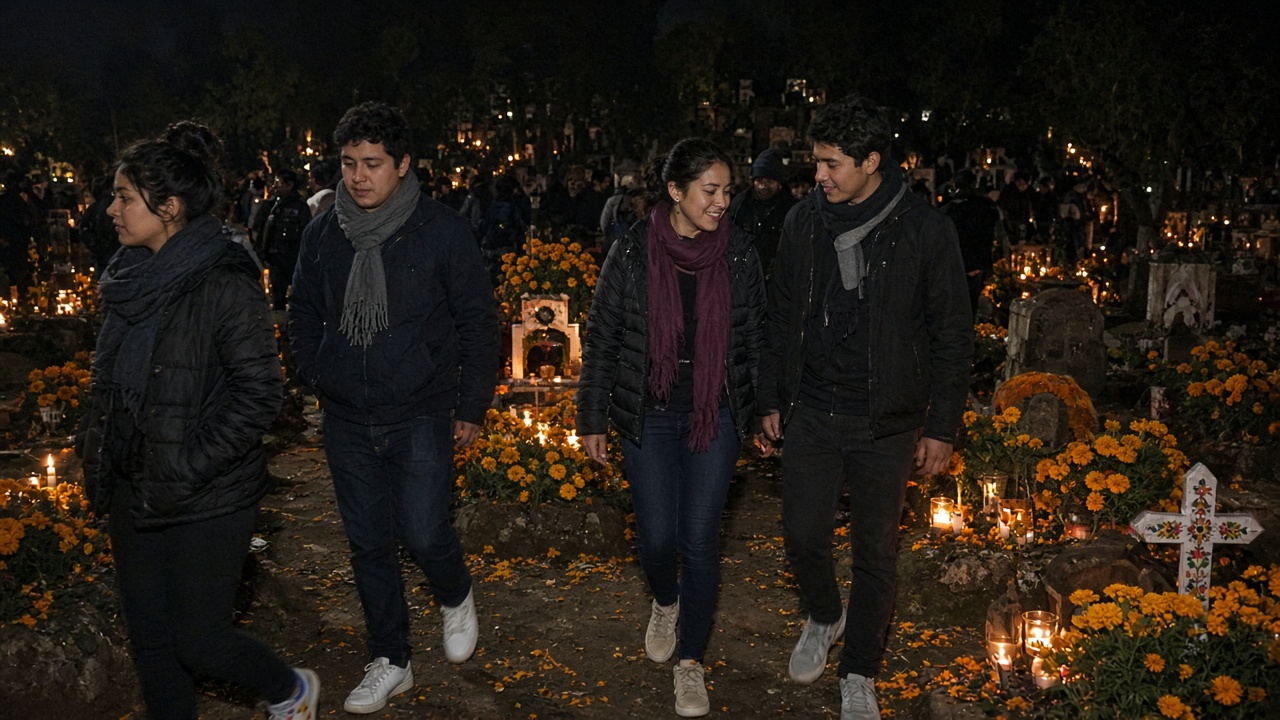 Group of friends in jackets, scarves and sneakers walking through a cemetery decorated with marigolds and candles at night