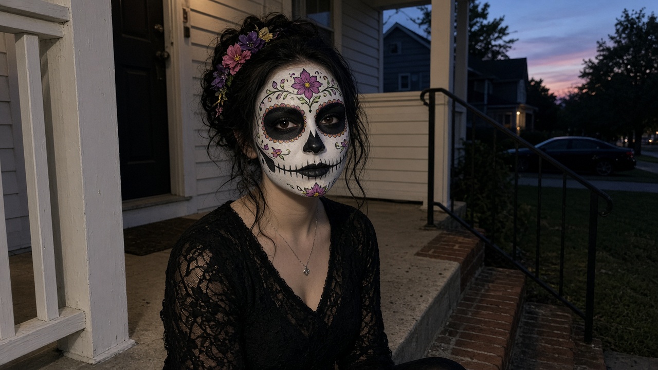 Young woman with full Catrina face paint, black eye sockets, floral details and a stitched smile, sitting on a front porch at dusk
