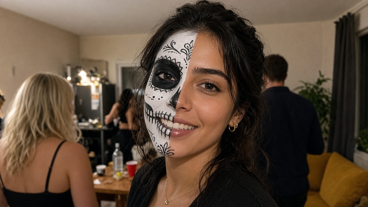 Woman with Catrina skull makeup on one half of her face and natural makeup on the other, smiling at a friend's apartment party