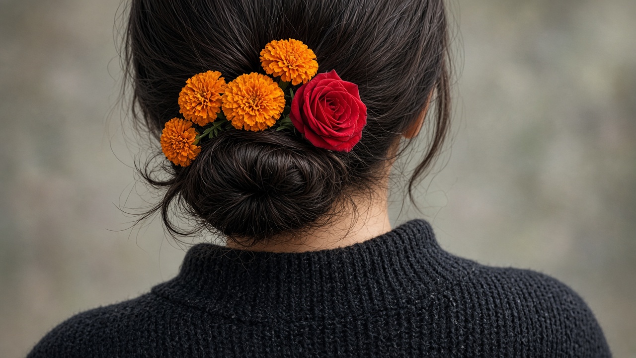 Close-up of a low bun decorated with small orange marigolds and a red rose against a dark sweater
