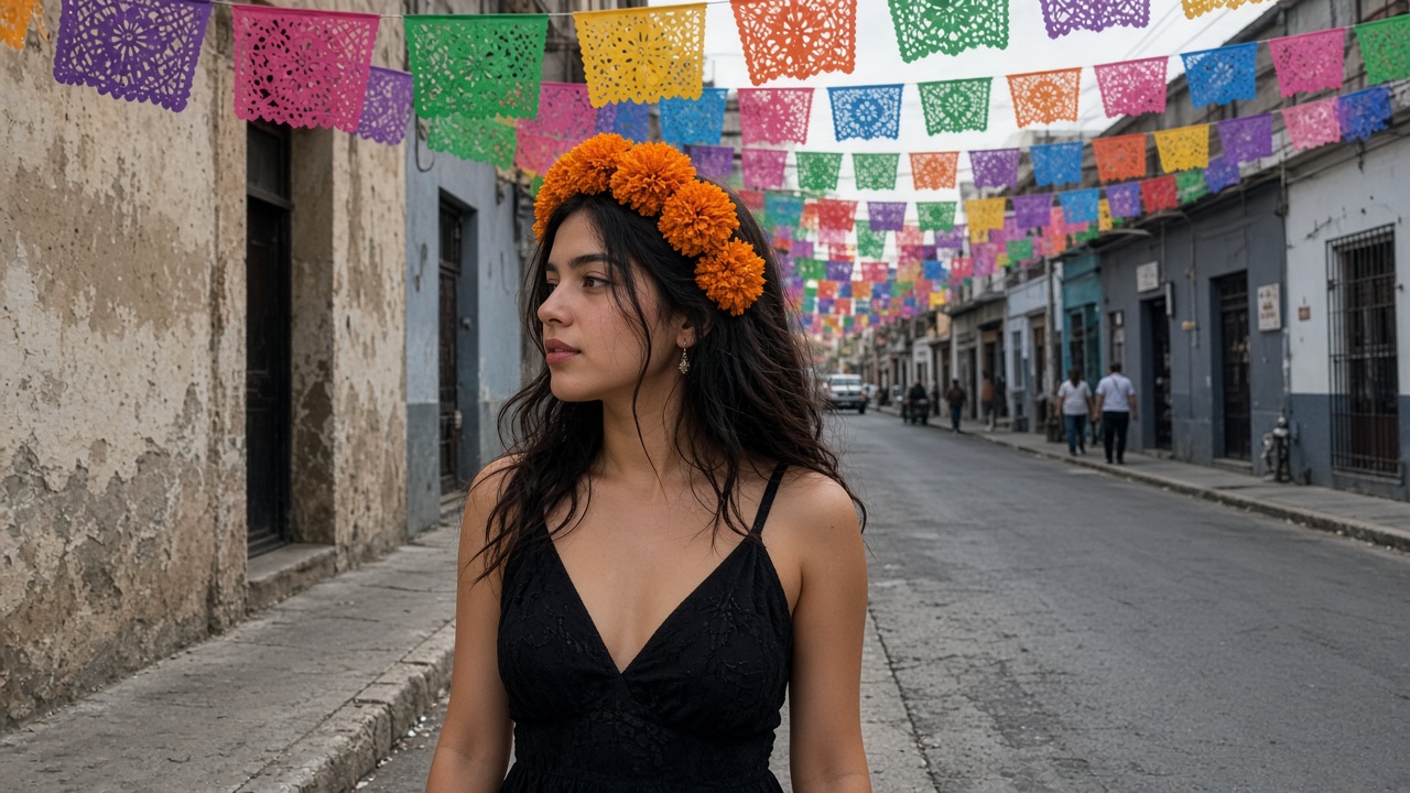 Young woman in a black dress with an orange marigold crown in her hair walking down a street decorated with papel picado banners