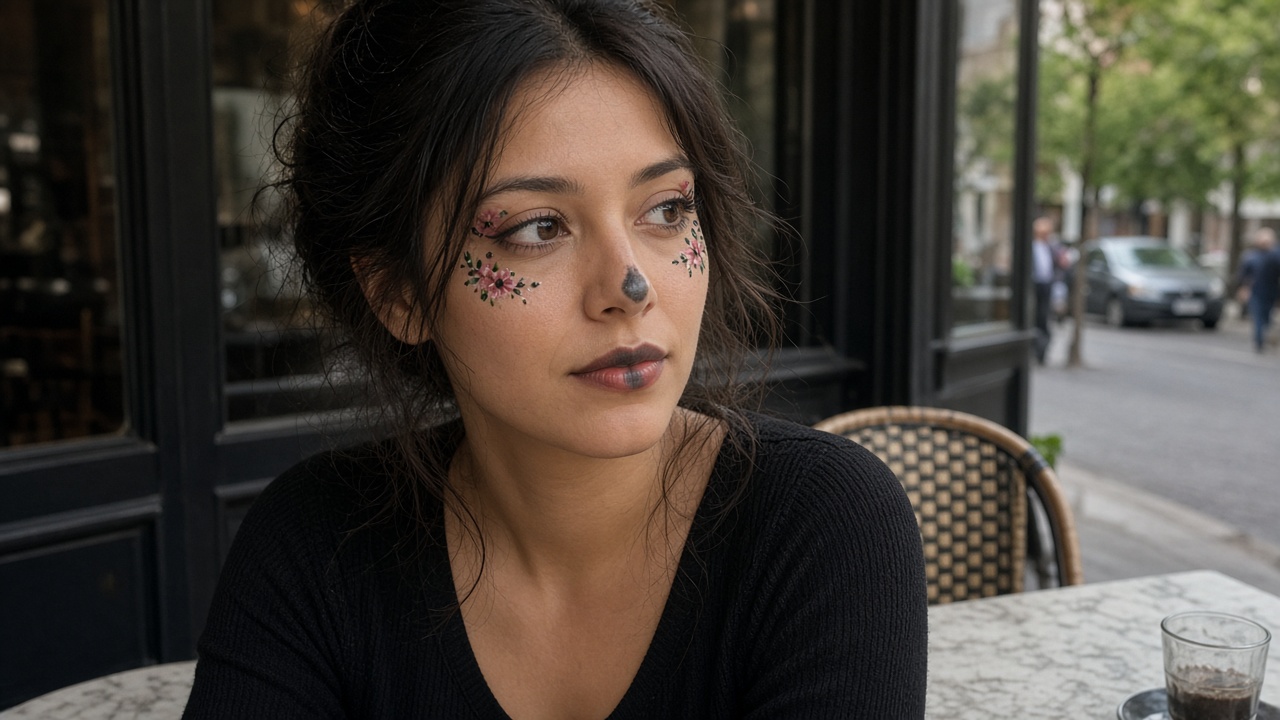 Woman with subtle Catrina makeup of small painted flowers around her eyes, a dark nose tip and lip lines, sitting at a café table