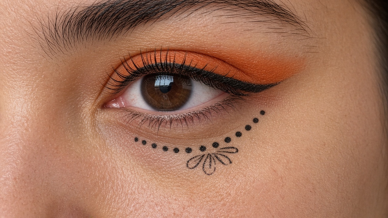 Close-up of delicate dot and petal details drawn under an eye with black liner and orange eyeshadow