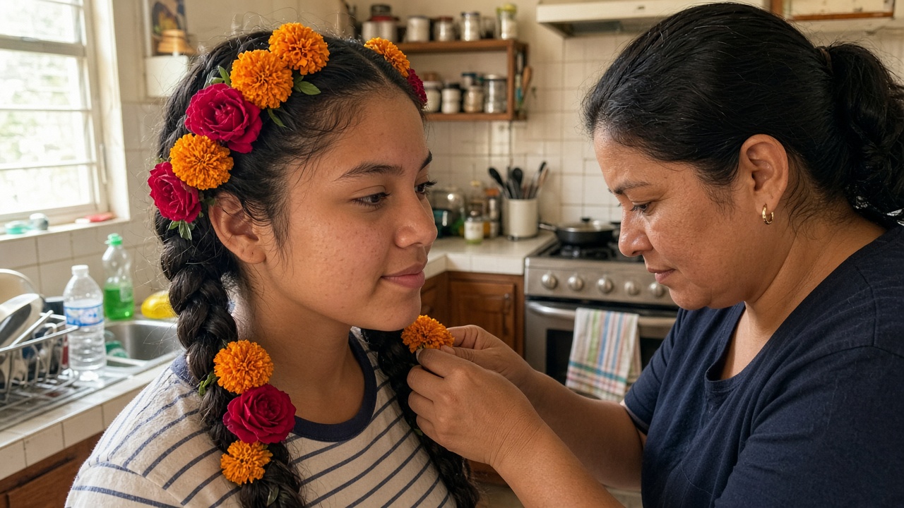 Teenage girl having marigold and red roses pinned into her braided hair by her mother in a sunny kitchen