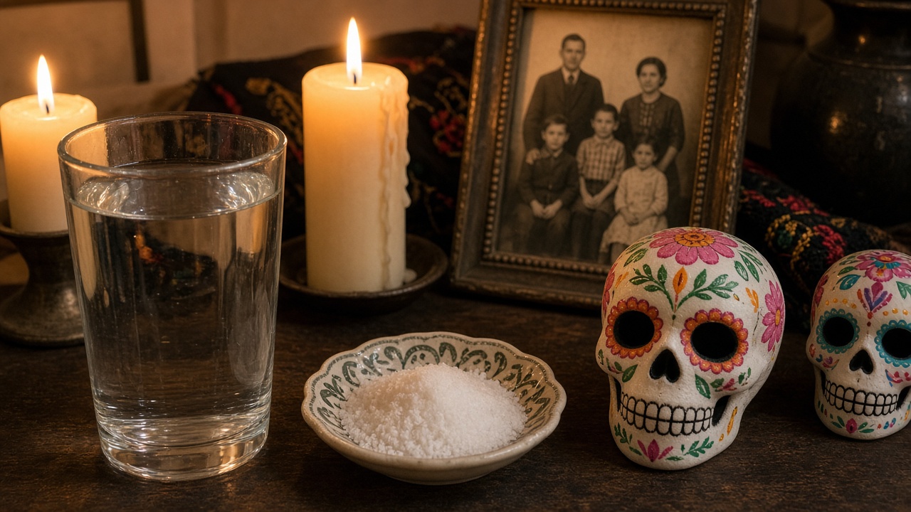 Close-up of an altar with a glass of water, a small dish of salt, candles, sugar skulls and an old family photo