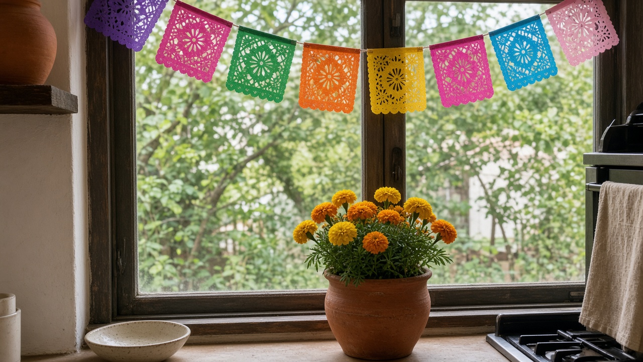Strings of colorful papel picado hanging across a kitchen window with marigolds in a clay pot on the sill