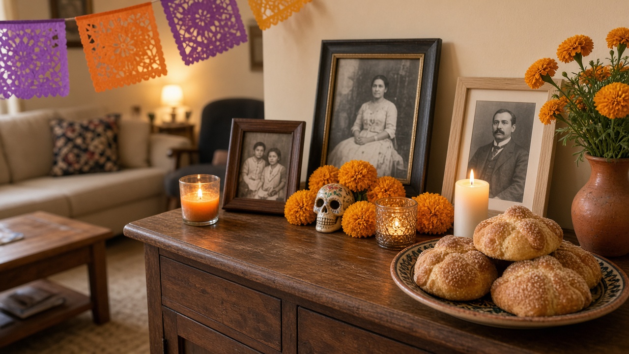 Small home ofrenda on a living room side table with framed photos, marigolds, candles, papel picado and a plate of pan de muerto
