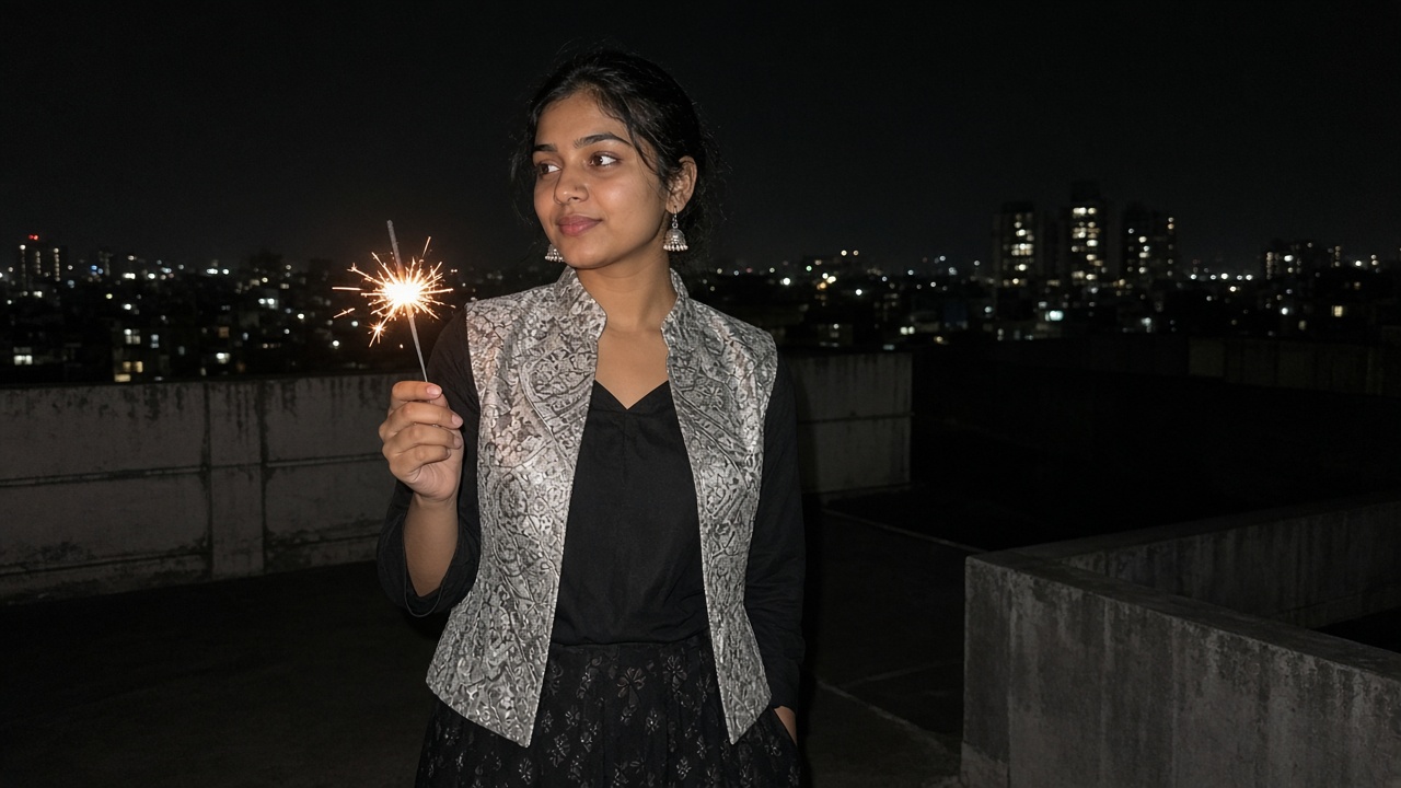 Young woman in a black kurta with a silver brocade jacket and palazzos holding a sparkler on a building rooftop at night