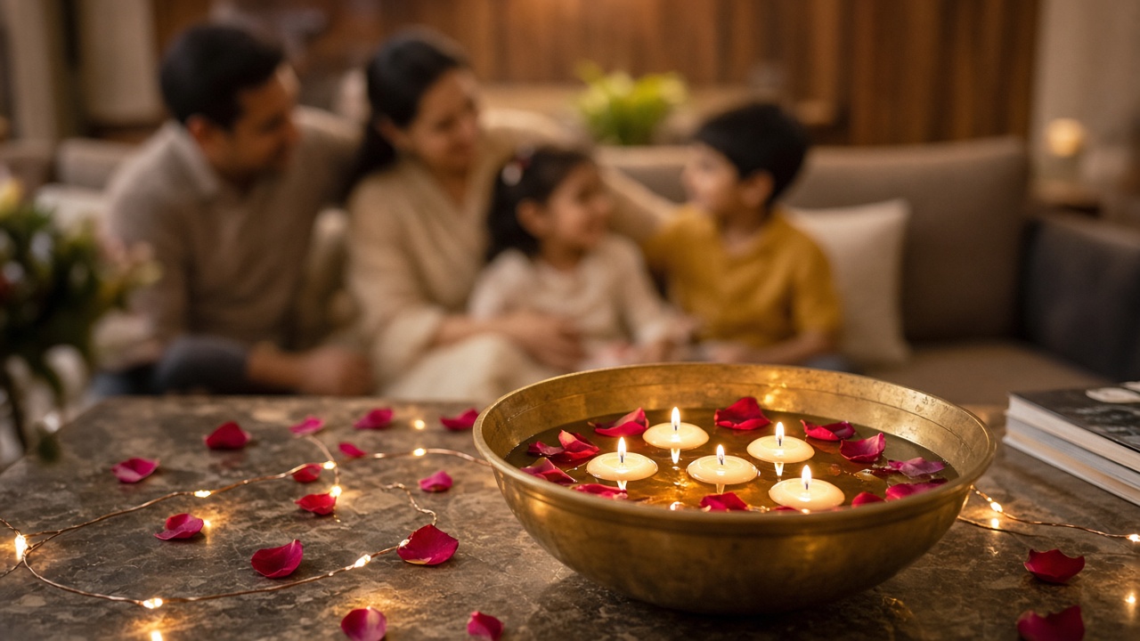 Brass bowl with floating candles and rose petals on a coffee table, with fairy lights and family blurred in the background