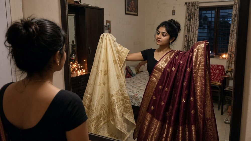 Young Indian woman holding up two sarees in front of a wardrobe mirror in a small apartment bedroom on Diwali evening