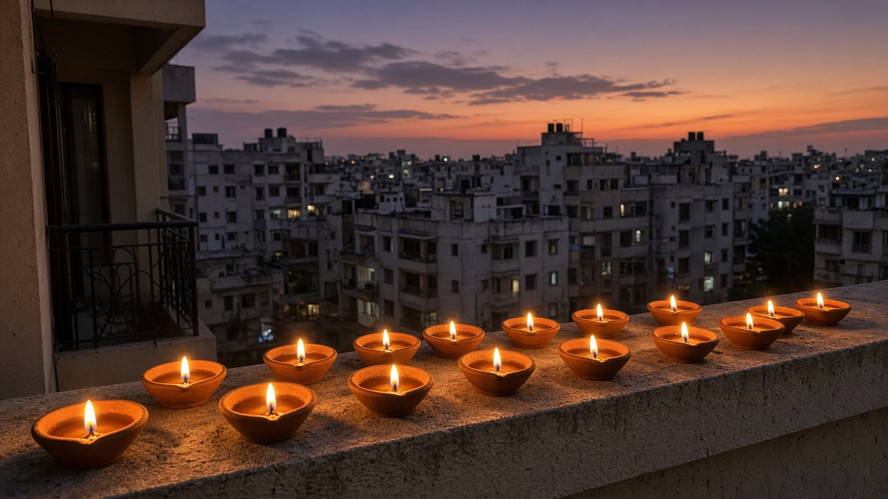 Rows of lit clay diyas on a balcony ledge of an Indian apartment at dusk with buildings in the background