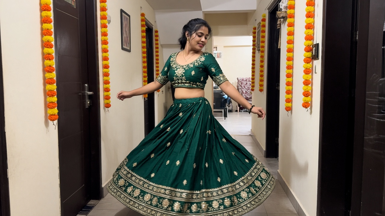 Young woman in an emerald green lehenga twirling in a narrow apartment corridor decorated with marigold garlands