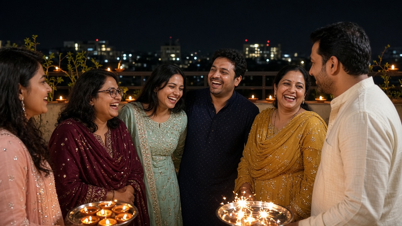 Group of friends and family in festive outfits laughing together on a terrace with diyas and sparklers at night