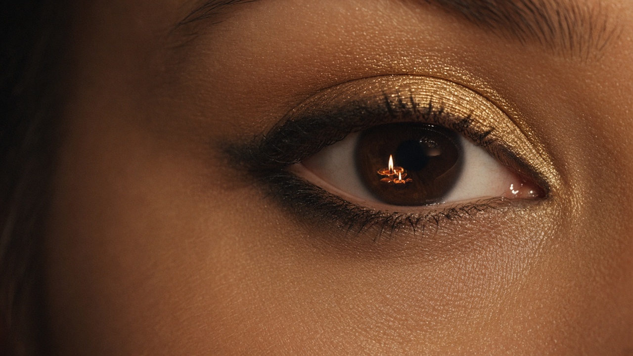 Close-up of an eye with gold shimmer eyeshadow and smudged kohl, reflections of diya flames visible