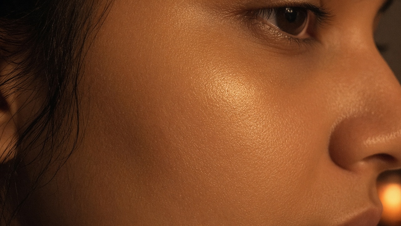 Close-up of a woman's cheek with a soft golden highlighter glow in warm candlelight