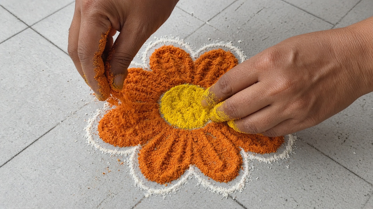 Hands filling a simple flower rangoli design with orange and yellow powder colors on a tiled floor