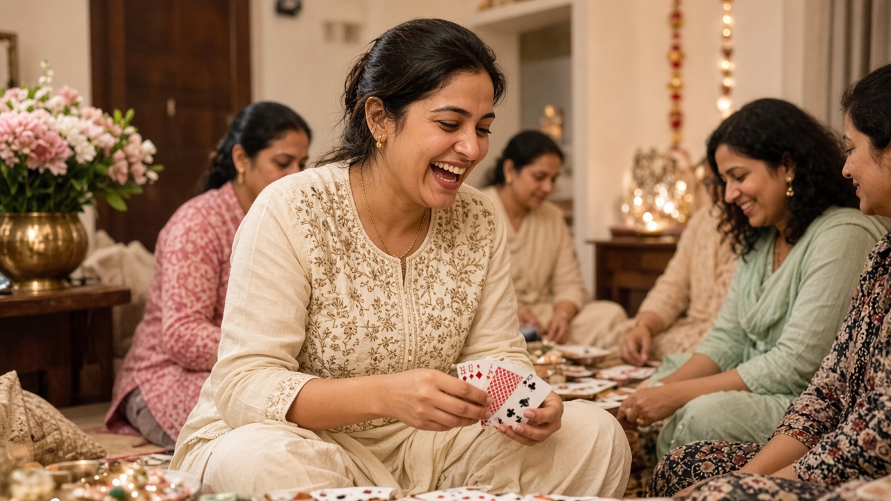 Woman in a cream kurta with dhoti pants and a short embroidered jacket laughing while shuffling cards at a Diwali card party