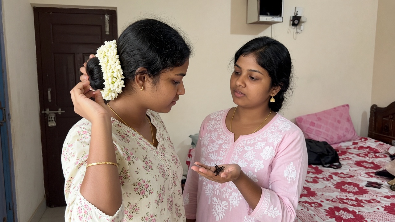 Woman pinning a fresh jasmine gajra around a low bun while her sister holds hairpins, standing in a small bedroom