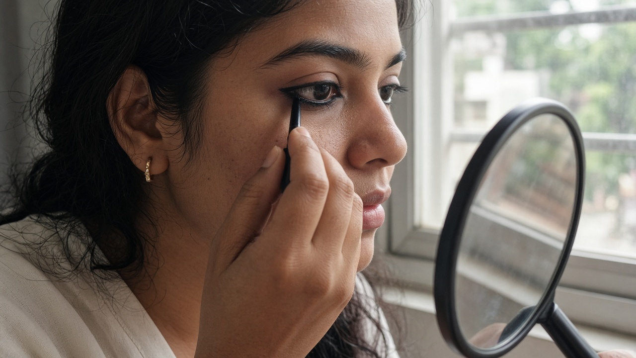 Close-up of a woman applying black kajal along her lower lash line in a hand mirror by a window