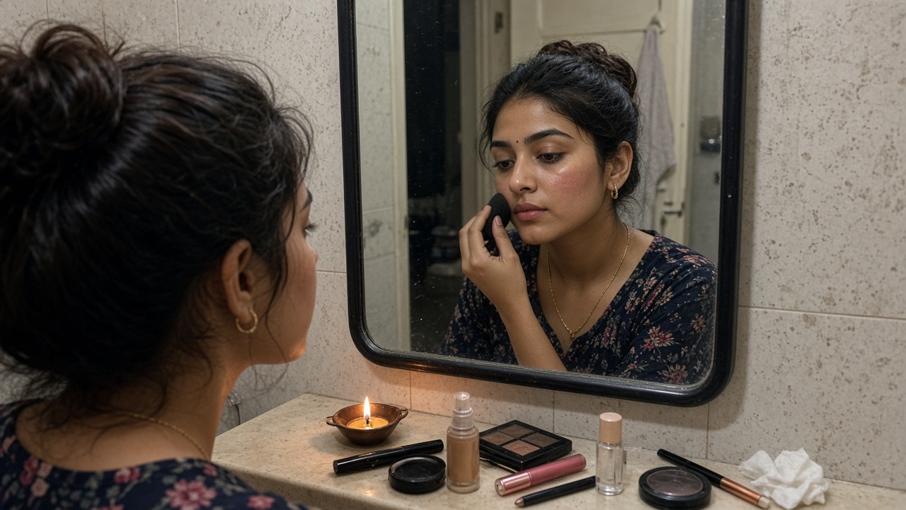 Woman doing her makeup in front of a small bathroom mirror with a diya and makeup scattered on the counter