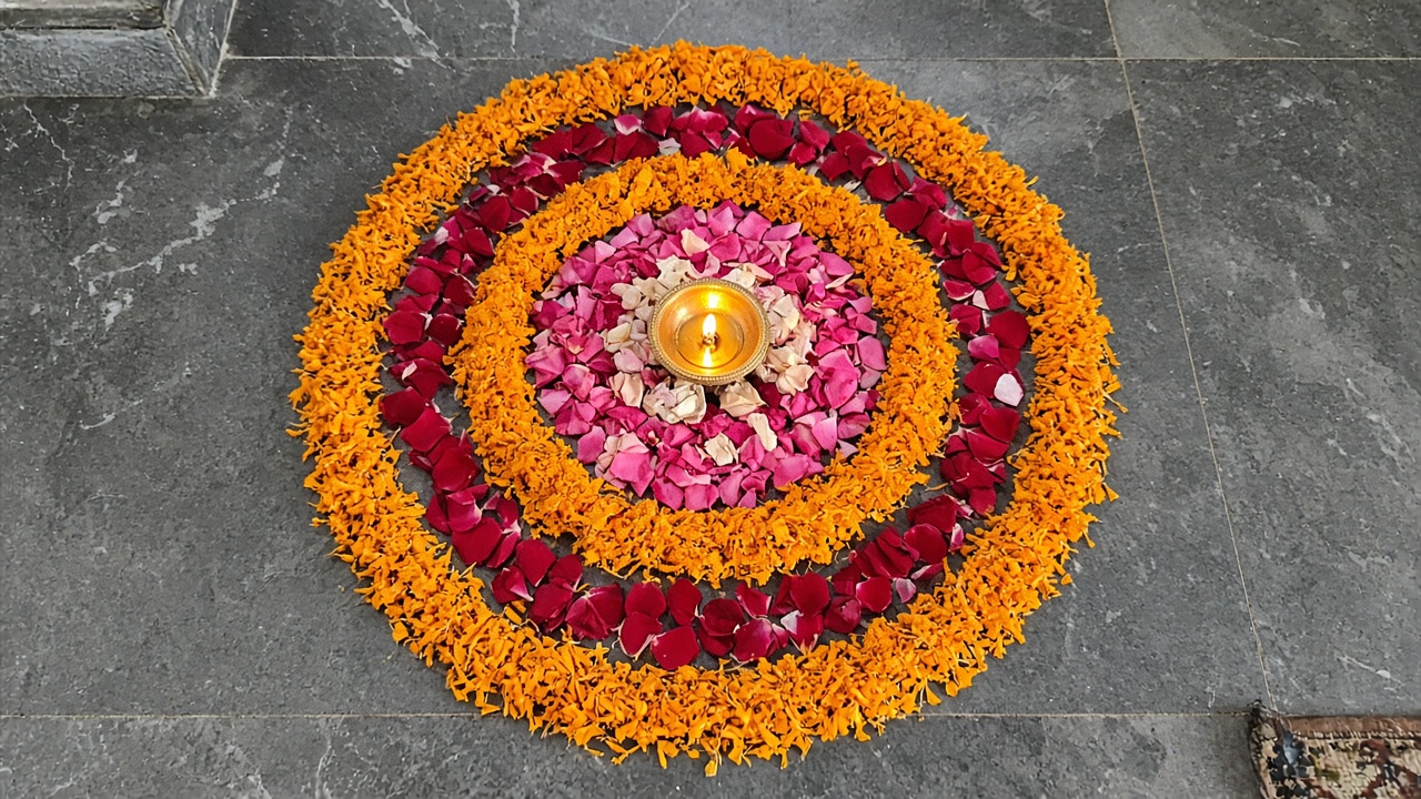 Flower rangoli made of marigold and rose petals in concentric circles with a brass diya in the center