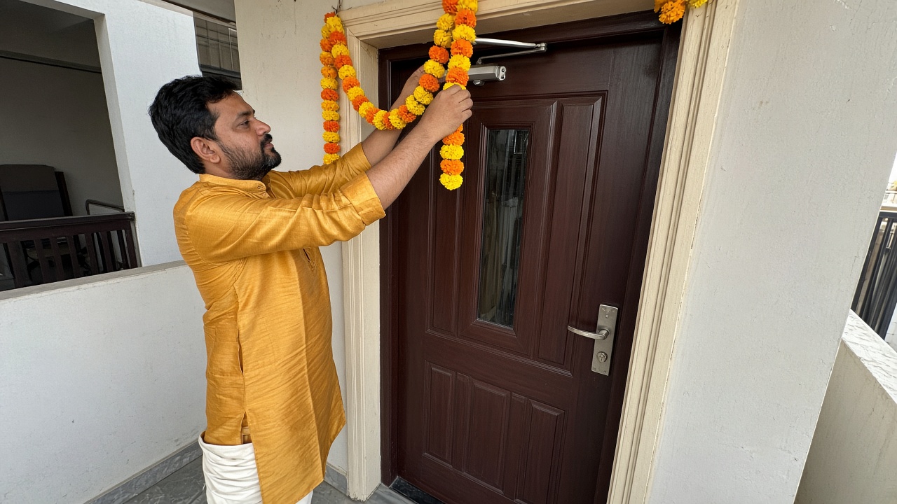 Indian man in a mustard silk kurta and white churidar hanging marigold garlands on a front door